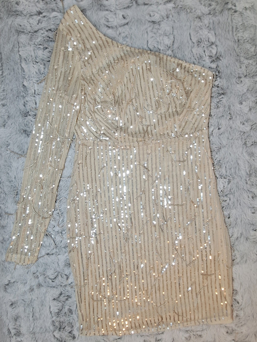 One Shoulder Sequin Fringe Mini Dress Cream Gold S